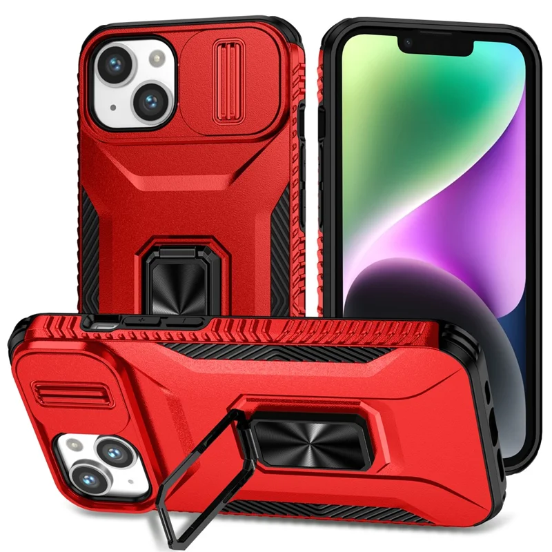 For iPhone 14 Plus / 15 Plus Case Slide Lens Lid PC+TPU Drop-proof Phone Protector - Red