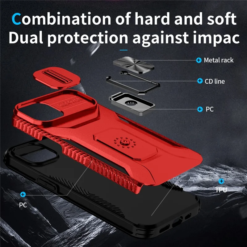 For iPhone 14 Plus / 15 Plus Case Slide Lens Lid PC+TPU Drop-proof Phone Protector - Red