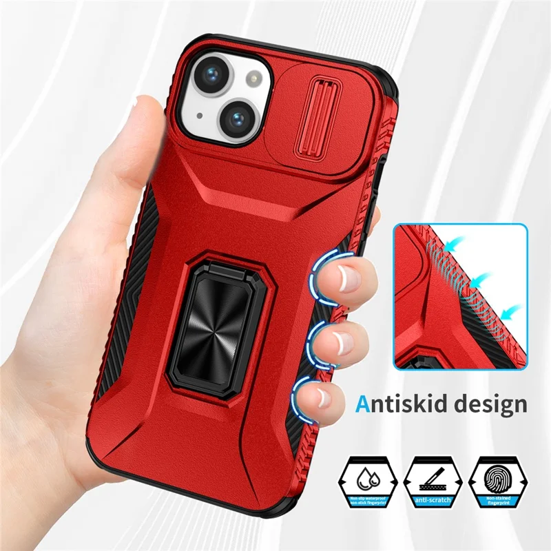 For iPhone 14 Plus / 15 Plus Case Slide Lens Lid PC+TPU Drop-proof Phone Protector - Red