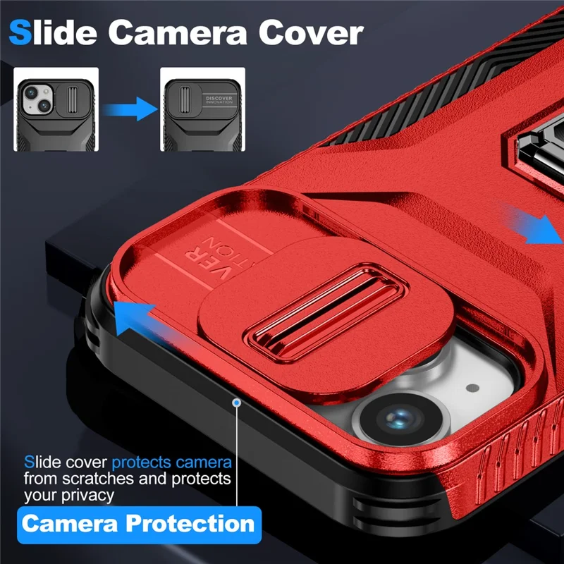 For iPhone 14 Plus / 15 Plus Case Slide Lens Lid PC+TPU Drop-proof Phone Protector - Red