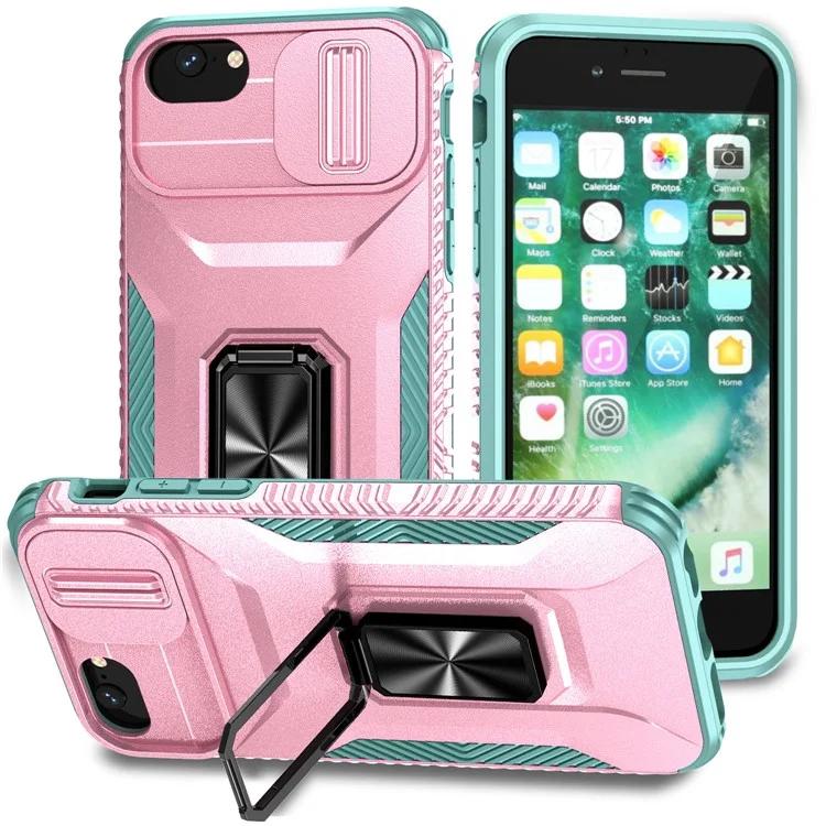 For iPhone 7 4.7 inch / 8 4.7 inch / SE (2020) / SE (2022) Case Anti-dust PC+TPU Cover with Slide Lens Lid - Pink+Cyan