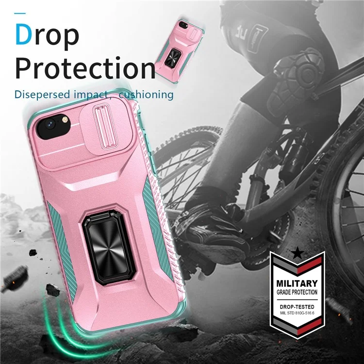 For iPhone 7 4.7 inch / 8 4.7 inch / SE (2020) / SE (2022) Case Anti-dust PC+TPU Cover with Slide Lens Lid - Pink+Cyan