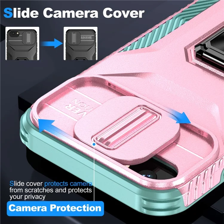 For iPhone 7 4.7 inch / 8 4.7 inch / SE (2020) / SE (2022) Case Anti-dust PC+TPU Cover with Slide Lens Lid - Pink+Cyan