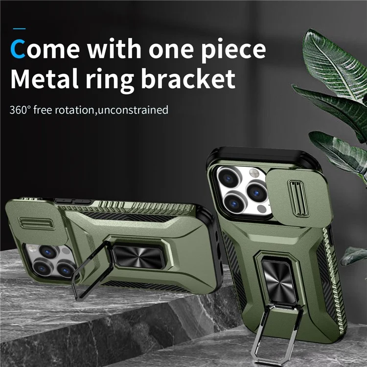 For iPhone 14 Pro Cell Phone Case Slide Lens Lid PC+TPU Ring Kickstand Protective Cover - Green
