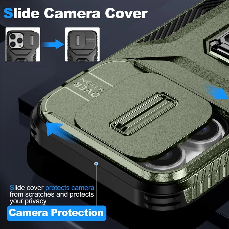For iPhone 14 Pro Cell Phone Case Slide Lens Lid PC+TPU Ring Kickstand Protective Cover - Green
