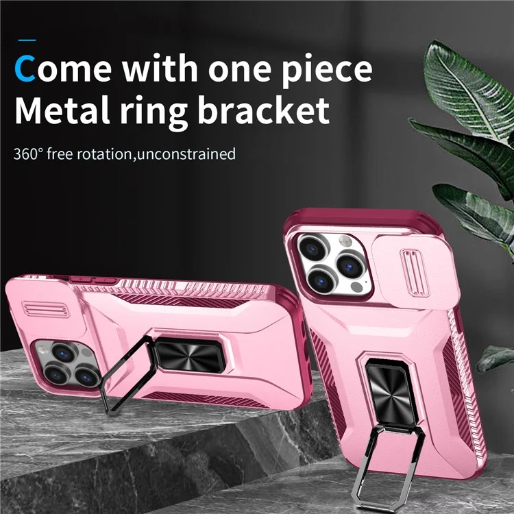 Para o iPhone 14 Pro Max Capa Deslizante da Lente Tampa Slim-Fit PC+TPU Capa de Telefone Inteligente com Suporte - Rosa+Rosa