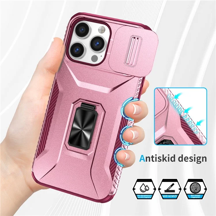 Para o iPhone 14 Pro Max Capa Deslizante da Lente Tampa Slim-Fit PC+TPU Capa de Telefone Inteligente com Suporte - Rosa+Rosa