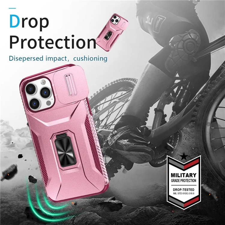 Para o iPhone 14 Pro Max Capa Deslizante da Lente Tampa Slim-Fit PC+TPU Capa de Telefone Inteligente com Suporte - Rosa+Rosa