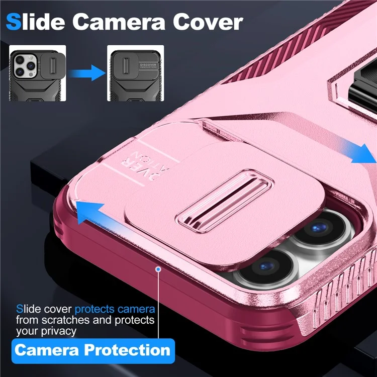 Para o iPhone 14 Pro Max Capa Deslizante da Lente Tampa Slim-Fit PC+TPU Capa de Telefone Inteligente com Suporte - Rosa+Rosa
