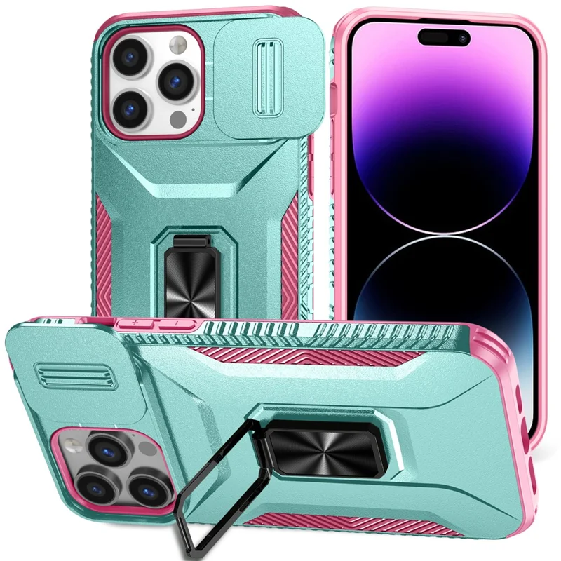 For iPhone 14 Pro Max Case Slide Lens Lid Slim-Fit PC+TPU Smart Phone Kickstand Cover - Cyan+Pink