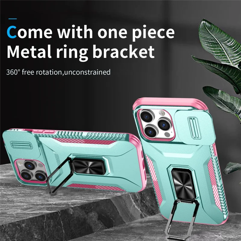 For iPhone 14 Pro Max Case Slide Lens Lid Slim-Fit PC+TPU Smart Phone Kickstand Cover - Cyan+Pink