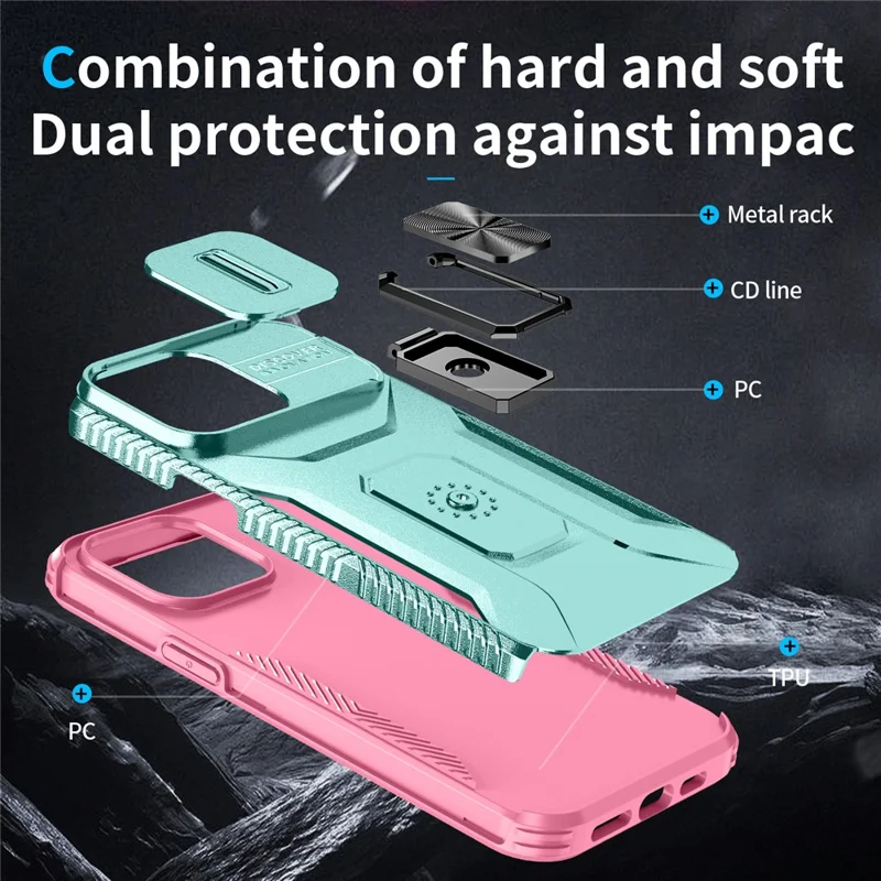 For iPhone 14 Pro Max Case Slide Lens Lid Slim-Fit PC+TPU Smart Phone Kickstand Cover - Cyan+Pink