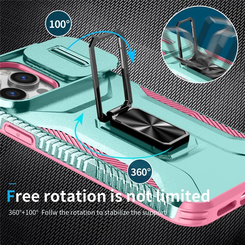 For iPhone 14 Pro Max Case Slide Lens Lid Slim-Fit PC+TPU Smart Phone Kickstand Cover - Cyan+Pink