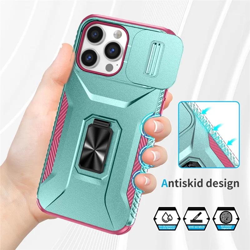 For iPhone 14 Pro Max Case Slide Lens Lid Slim-Fit PC+TPU Smart Phone Kickstand Cover - Cyan+Pink