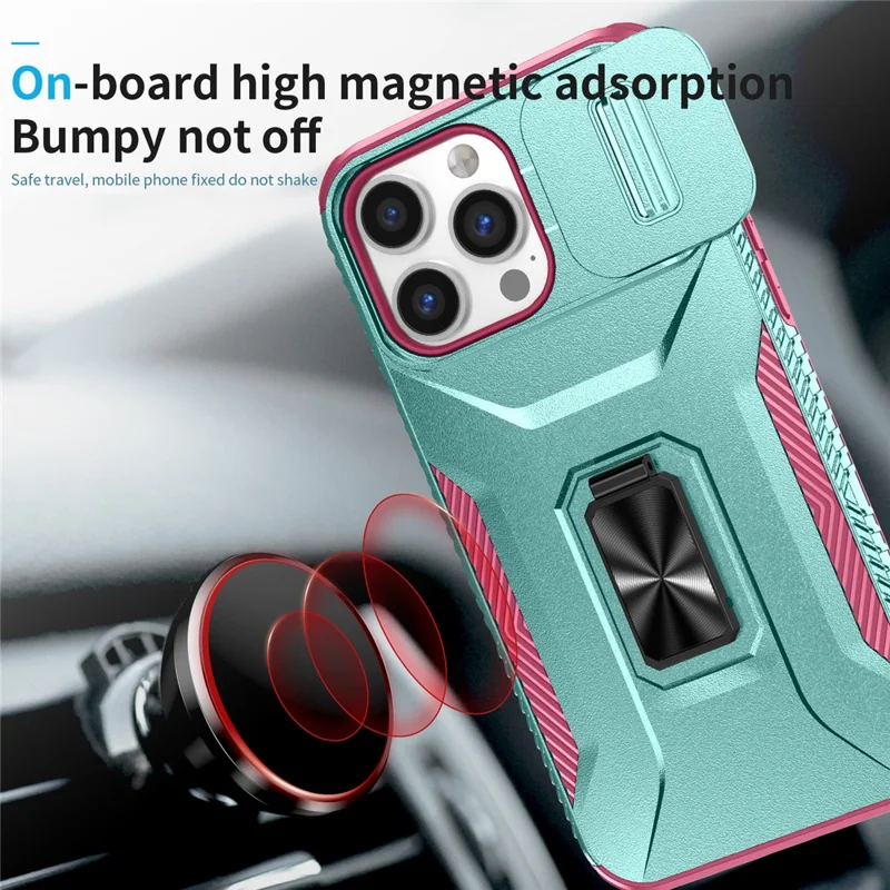 For iPhone 14 Pro Max Case Slide Lens Lid Slim-Fit PC+TPU Smart Phone Kickstand Cover - Cyan+Pink