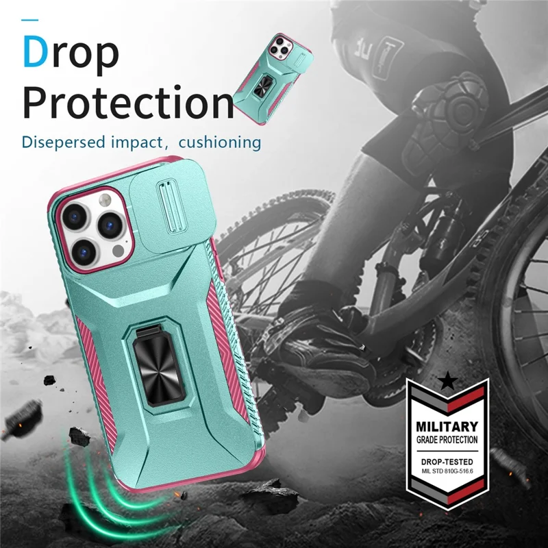 For iPhone 14 Pro Max Case Slide Lens Lid Slim-Fit PC+TPU Smart Phone Kickstand Cover - Cyan+Pink