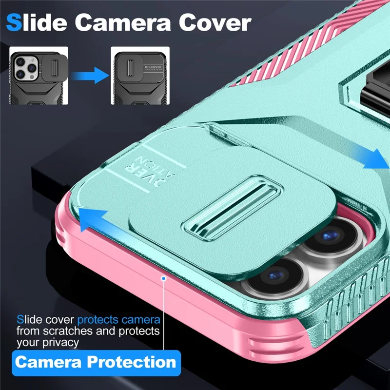 For iPhone 14 Pro Max Case Slide Lens Lid Slim-Fit PC+TPU Smart Phone Kickstand Cover - Cyan+Pink