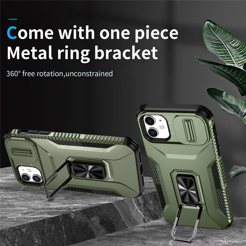 For iPhone 11 Case Scratch-resistant PC+TPU Slide Lens Lid Kickstand Phone Cover - Green