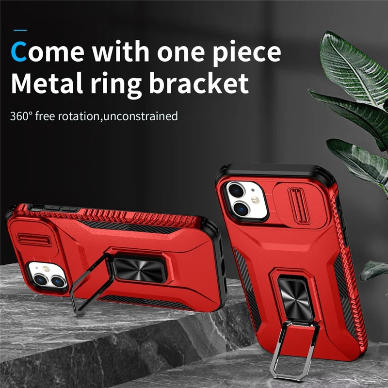 For iPhone 11 Case Scratch-resistant PC+TPU Slide Lens Lid Kickstand Phone Cover - Red
