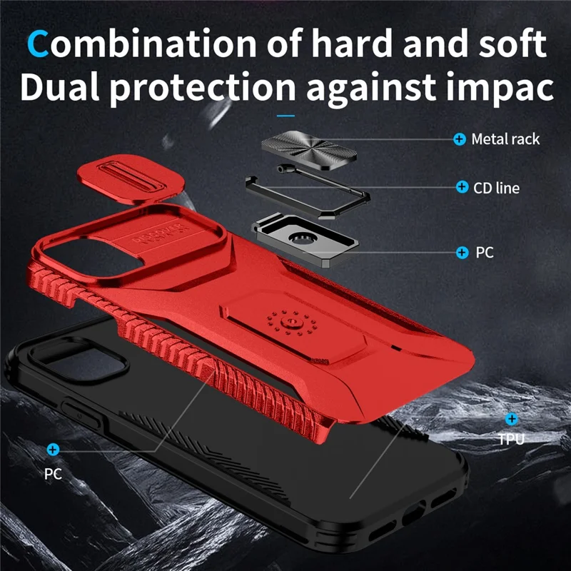 For iPhone 11 Case Scratch-resistant PC+TPU Slide Lens Lid Kickstand Phone Cover - Red