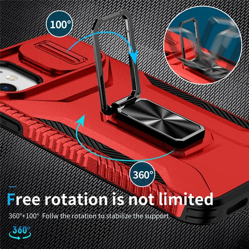 For iPhone 11 Case Scratch-resistant PC+TPU Slide Lens Lid Kickstand Phone Cover - Red