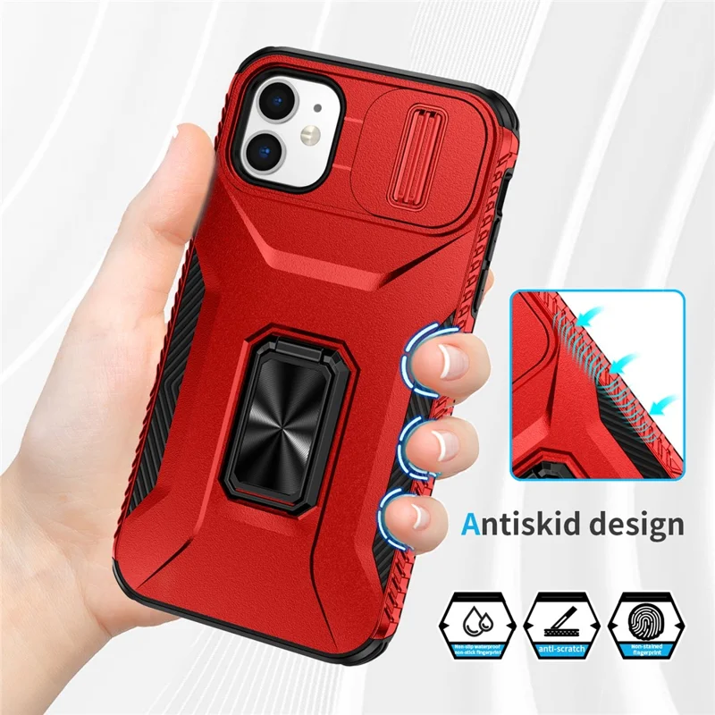 For iPhone 11 Case Scratch-resistant PC+TPU Slide Lens Lid Kickstand Phone Cover - Red