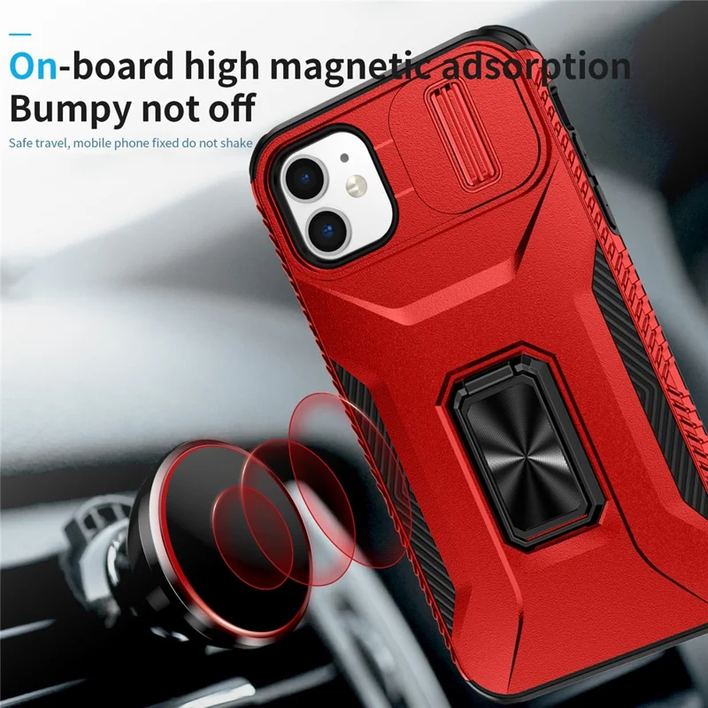 For iPhone 11 Case Scratch-resistant PC+TPU Slide Lens Lid Kickstand Phone Cover - Red