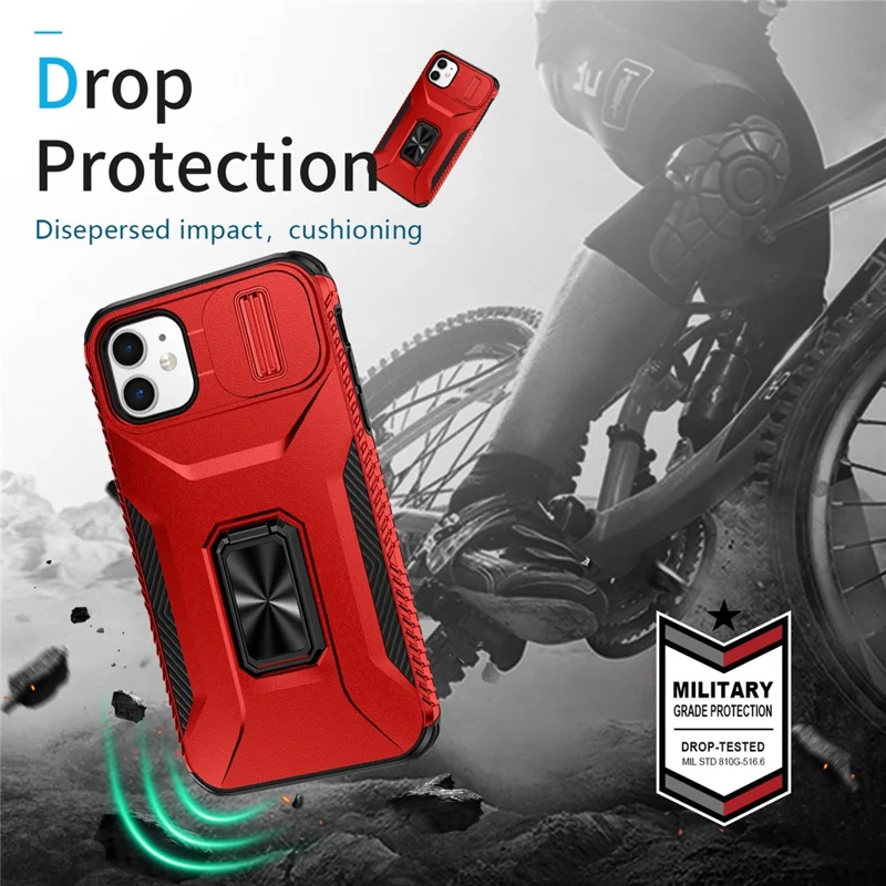 For iPhone 11 Case Scratch-resistant PC+TPU Slide Lens Lid Kickstand Phone Cover - Red