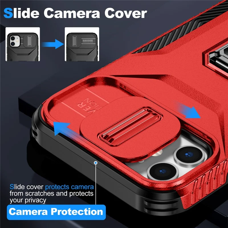 For iPhone 11 Case Scratch-resistant PC+TPU Slide Lens Lid Kickstand Phone Cover - Red