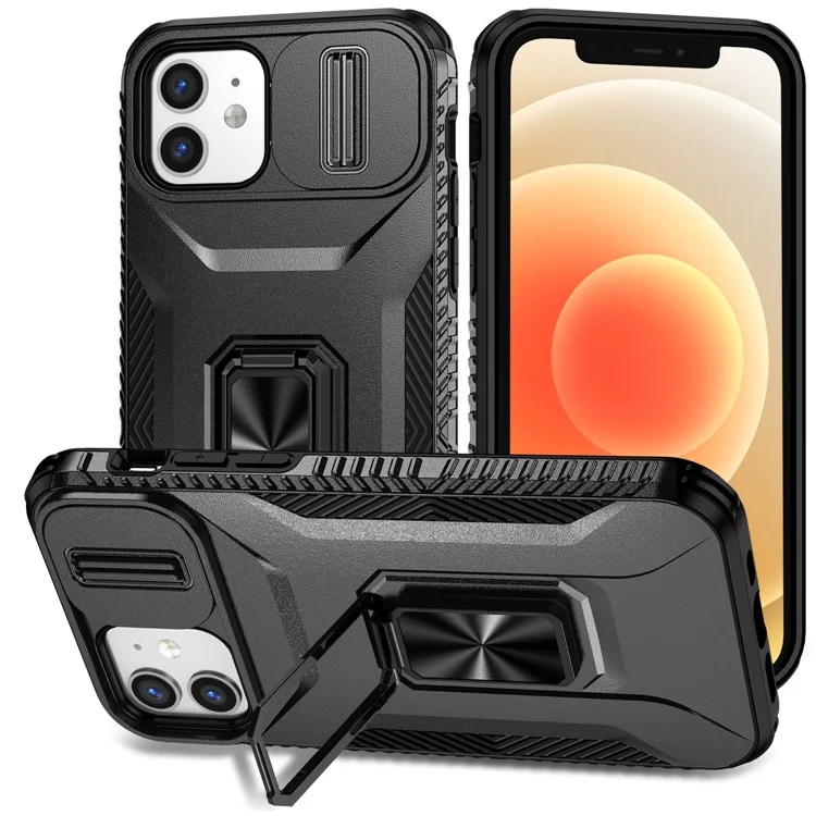 Anti-fall Phone Case for iPhone 12 6.1 inch / 12 Pro 6.1 inch Shell Rotate Kickstand Slide Lens Window Cover - Black