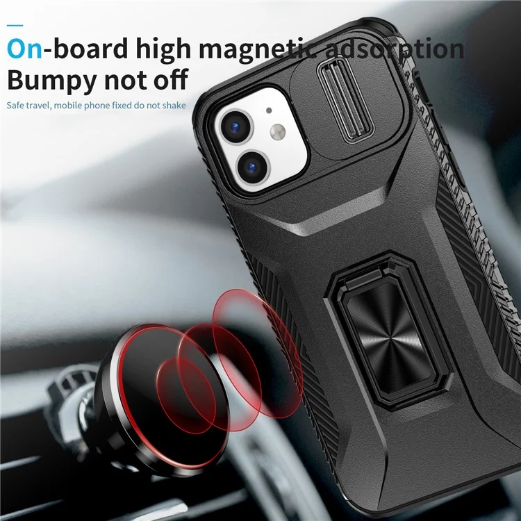 Anti-fall Phone Case for iPhone 12 6.1 inch / 12 Pro 6.1 inch Shell Rotate Kickstand Slide Lens Window Cover - Black