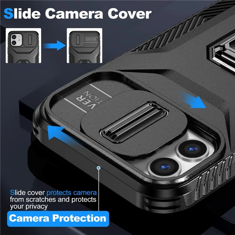 Custodia antincidente per iPhone 12 da 6.1 pollici / 12 Pro da 6.1 pollici Guscio Ruota Supporto a cavalletto Copertura finestra a scorrimento - Nero