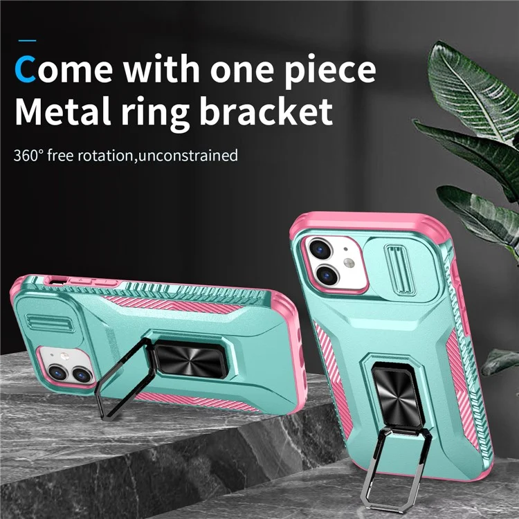 Anti-fall Phone Case for iPhone 12 6.1 inch / 12 Pro 6.1 inch Shell Rotate Kickstand Slide Lens Window Cover - Cyan+Pink