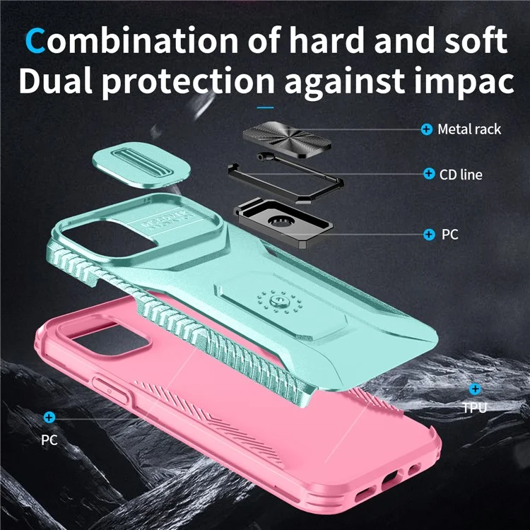Anti-fall Phone Case for iPhone 12 6.1 inch / 12 Pro 6.1 inch Shell Rotate Kickstand Slide Lens Window Cover - Cyan+Pink