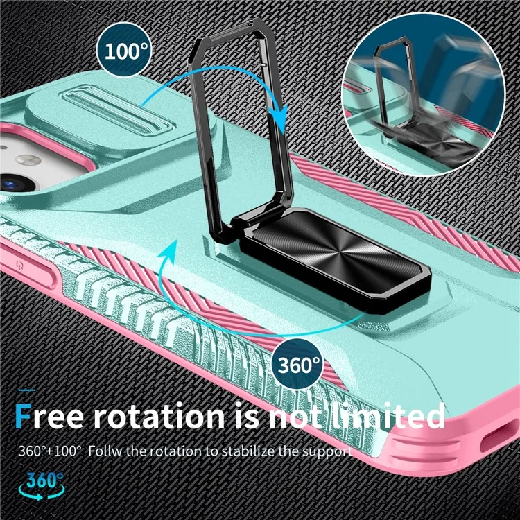 Anti-fall Phone Case for iPhone 12 6.1 inch / 12 Pro 6.1 inch Shell Rotate Kickstand Slide Lens Window Cover - Cyan+Pink