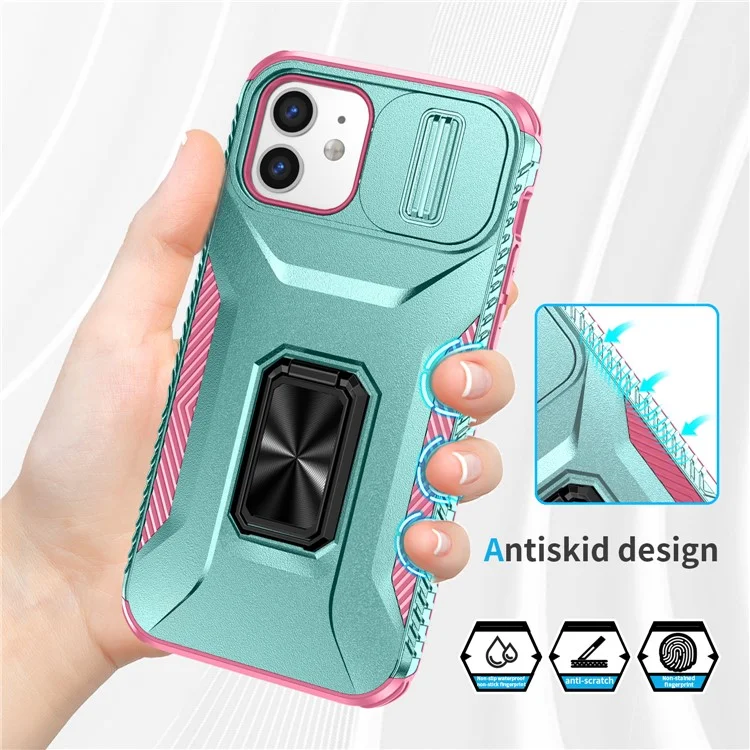 Anti-fall Phone Case for iPhone 12 6.1 inch / 12 Pro 6.1 inch Shell Rotate Kickstand Slide Lens Window Cover - Cyan+Pink
