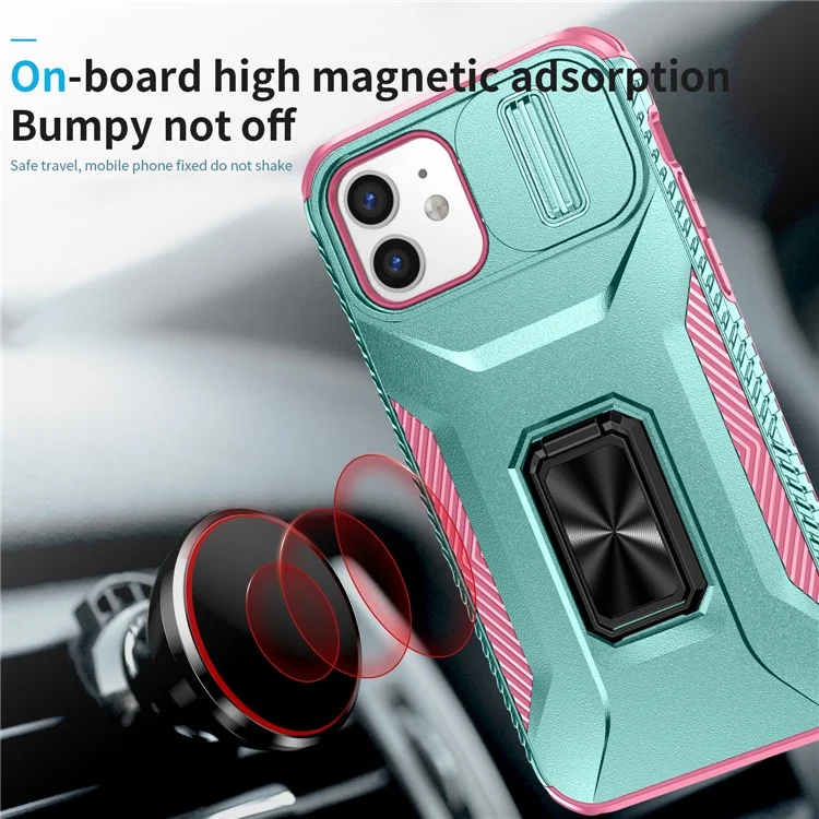 Anti-fall Phone Case for iPhone 12 6.1 inch / 12 Pro 6.1 inch Shell Rotate Kickstand Slide Lens Window Cover - Cyan+Pink
