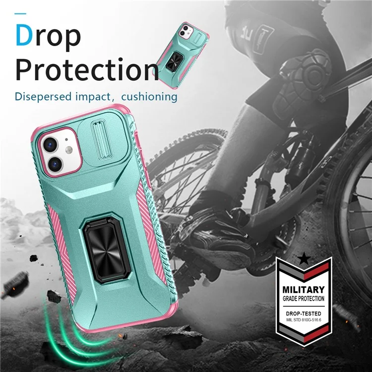 Anti-fall Phone Case for iPhone 12 6.1 inch / 12 Pro 6.1 inch Shell Rotate Kickstand Slide Lens Window Cover - Cyan+Pink