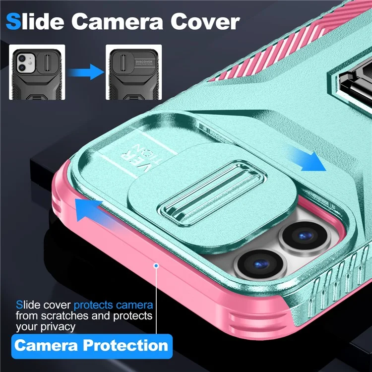Anti-fall Phone Case for iPhone 12 6.1 inch / 12 Pro 6.1 inch Shell Rotate Kickstand Slide Lens Window Cover - Cyan+Pink