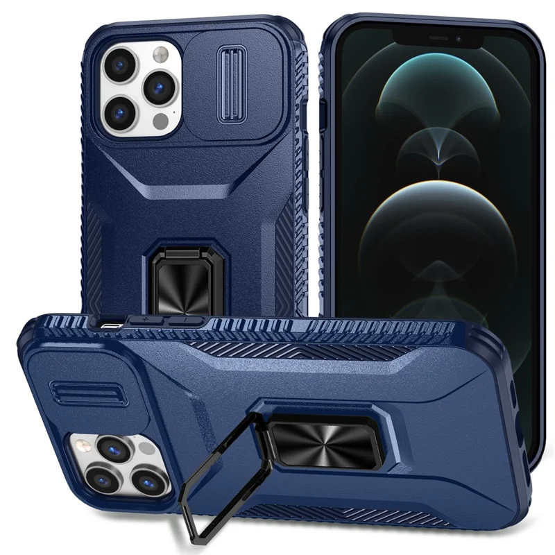 For iPhone 12 Pro Max 6.7 inch Case Rotate Kickstand TPU+PC Phone Cover with Sliding Lens Cover - Blue