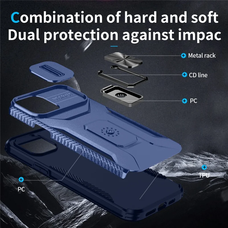 For iPhone 12 Pro Max 6.7 inch Case Rotate Kickstand TPU+PC Phone Cover with Sliding Lens Cover - Blue