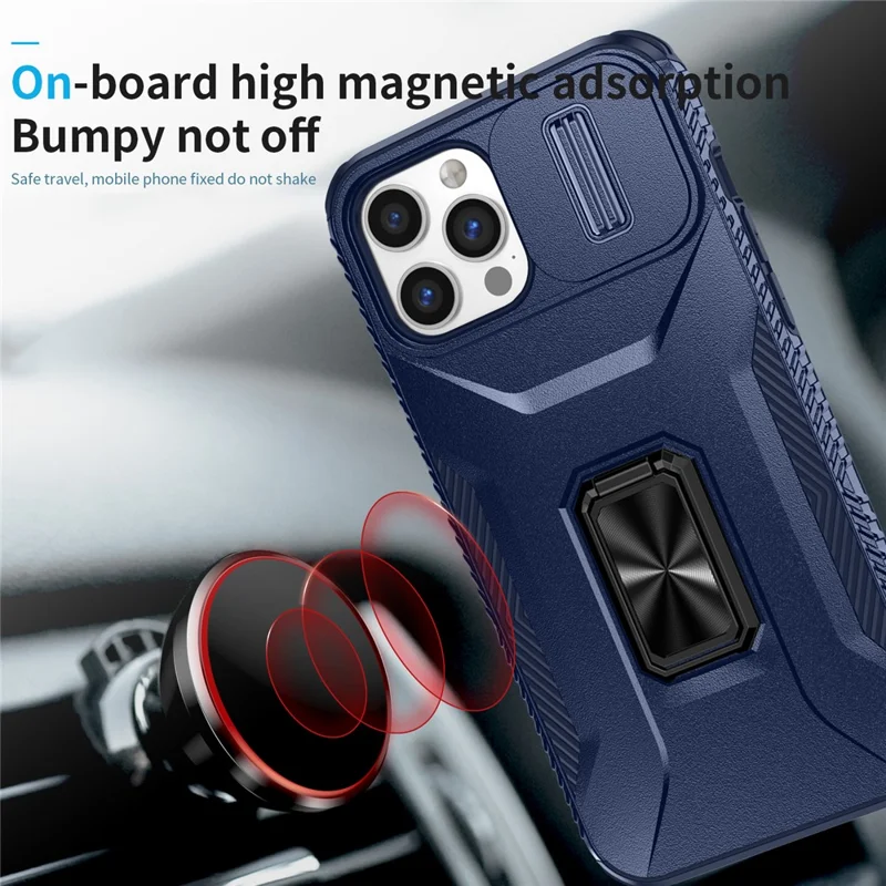 For iPhone 12 Pro Max 6.7 inch Case Rotate Kickstand TPU+PC Phone Cover with Sliding Lens Cover - Blue