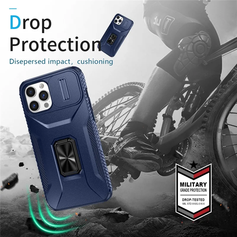 For iPhone 12 Pro Max 6.7 inch Case Rotate Kickstand TPU+PC Phone Cover with Sliding Lens Cover - Blue