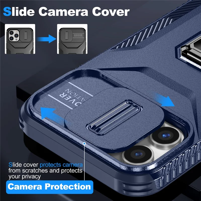 For iPhone 12 Pro Max 6.7 inch Case Rotate Kickstand TPU+PC Phone Cover with Sliding Lens Cover - Blue