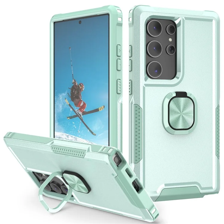 Für Samsung Galaxy S24 Ultra Case Stoßfest PC+Silikon Handyhülle mit Drehring Ständer - Grün