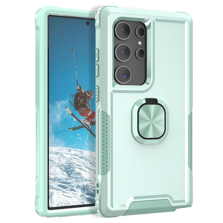 Für Samsung Galaxy S24 Ultra Case Stoßfest PC+Silikon Handyhülle mit Drehring Ständer - Grün