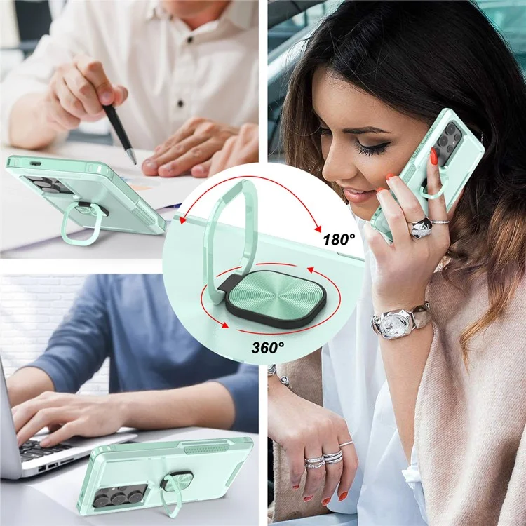 Für Samsung Galaxy S24 Ultra Case Stoßfest PC+Silikon Handyhülle mit Drehring Ständer - Grün