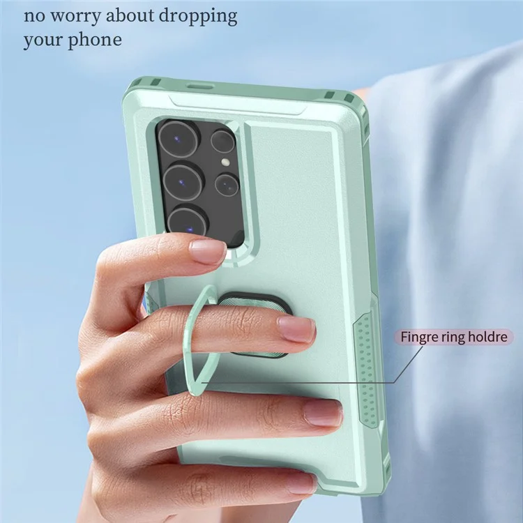 Für Samsung Galaxy S24 Ultra Case Stoßfest PC+Silikon Handyhülle mit Drehring Ständer - Grün