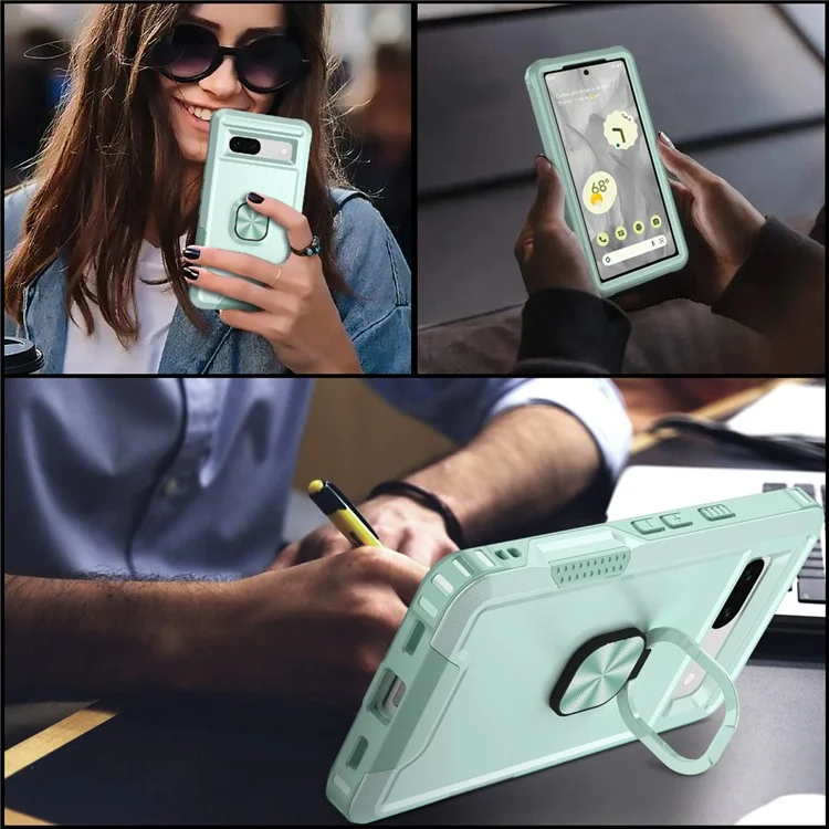 For Google Pixel 8a Case Slim-Fit Hard PC+Silicone Rotatable Kickstand Protective Cover - Green