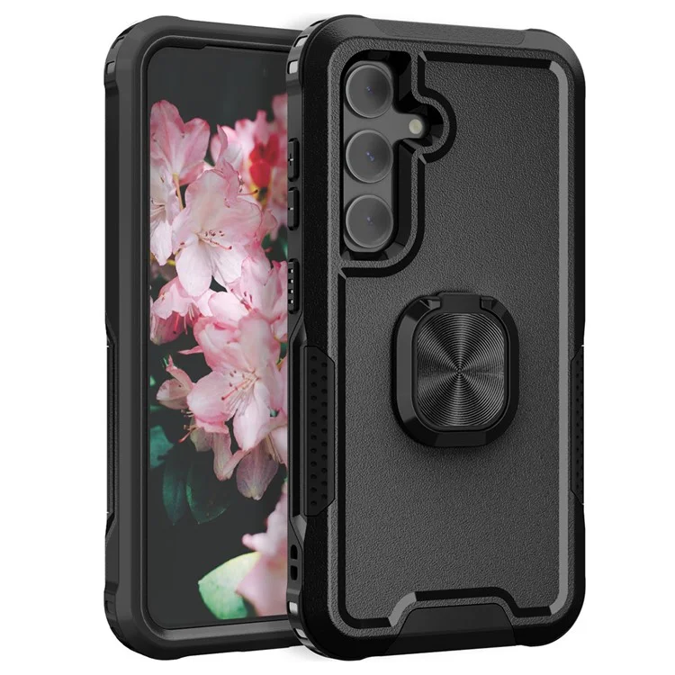 Für Samsung Galaxy S24+ Hülle Anti-Kratzer PC+Silikon Drehbarer Ring Ständer Telefonschutz - Schwarz